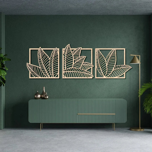 Palm leaf wall art, Leaves wall hanging, Banana leaf wall decor, Wood panel wall art, Set of 3 wall art nature, Boho leaf wall art